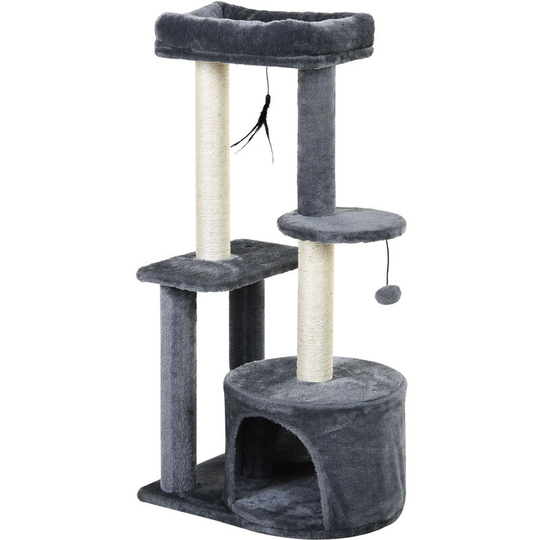 Cat Multi-Activity Tree Tower w/ Perch House Scratching Post Play Ball - Grey and White - Pawhut