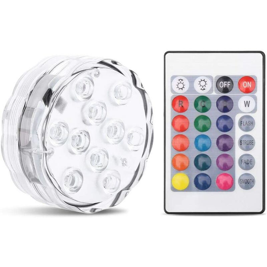 Submersible led lights, multicolor rgb Power supply by Battery with ir Remote control, 10 led Waterproof Submersible Lights for vase base, garden,