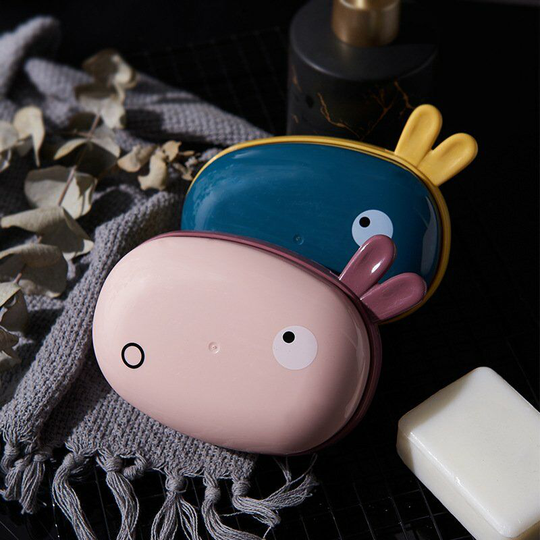 2 Cartoon Rabbit Soap Dishes With Sponge Holder Cover Moisture-proof Home Bathroom