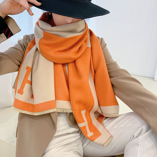 Ilovemilan - Cashmere like scarf, women's color blocking warm scarf, medium length, double-sided air conditioner shawl (orange)