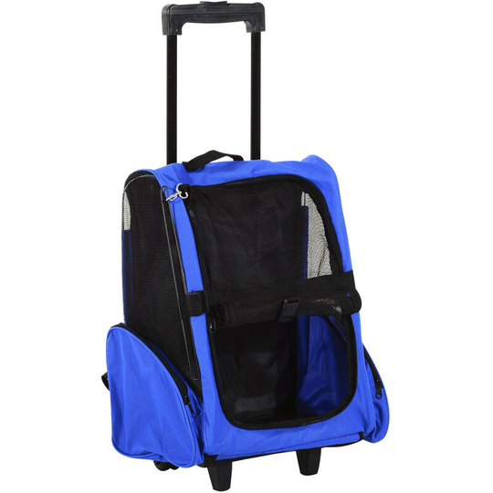 Pet Travel Backpack Bag Cat Puppy Dog Carrier w/ Trolley and Telescopic - Blue - Pawhut