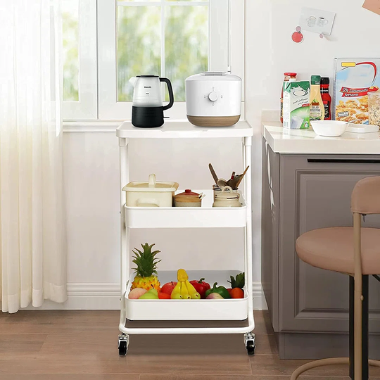 Rebrilliant Storage Trolley On Wheels, 3 Tier Rolling Utility Cart With Worktop And Storage Heavy Duty Metal Trolley White