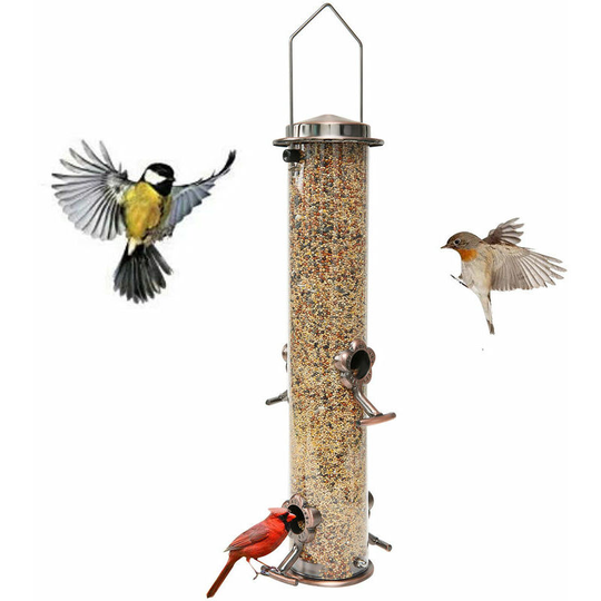Hanging Tube Bird Feeder With 4 Aluminum Alloy Feeding Ports, Stainless Steel Lid And Base 15 Inch Wild Bird Feeder For Heavy Duty Seed Mixes