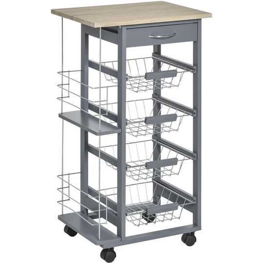 Multi-Use Kitchen Island Trolley Baskets Side Racks Drawer WorktopGrey - Grey - Homcom