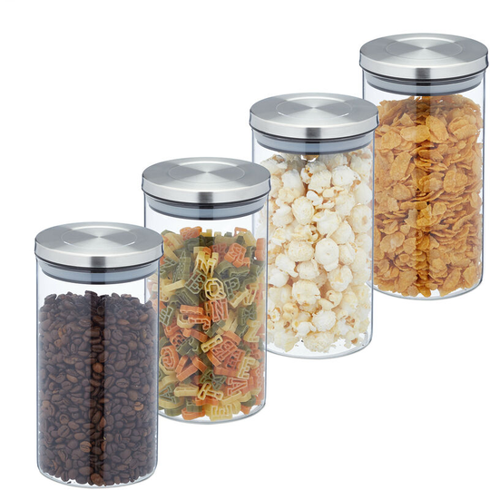 Storage Jars in Set of 4, 1000 ml Capacity, Steel Airtight Lids, Dry Food Storage, Glass, Transparent/Silver - Relaxdays