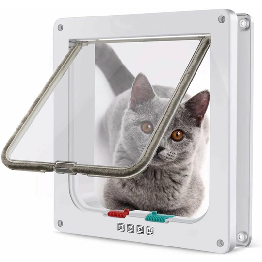 Litzee - Magnetic cat flap with swing door and 4-way lock for cats, kittens and puppies (l, white, 25 * 23,5 * 5,3 cm)