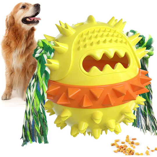 Dog Toy Ball, Puppy Teeth Toy, Squeaky Food Spill Ball / Chew Toy / Teeth Cleaning Ball / Rebound Toy for Training