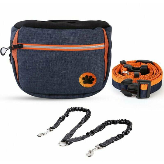 Deckon - Dog Treat Bag - Waterproof - With Poop Bag Dispenser - For Dog Training & Food Storage (Dark Blue Footprint + Double Head Leash)