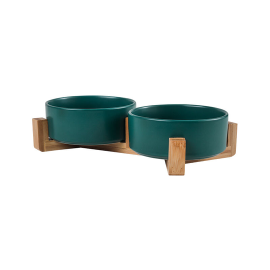 FVO - Ceramic Cat Bowl Love Bowl Non-Slip Bowl with Bamboo Stand for Dogs and Cats, Pack of 2/400ML, Green