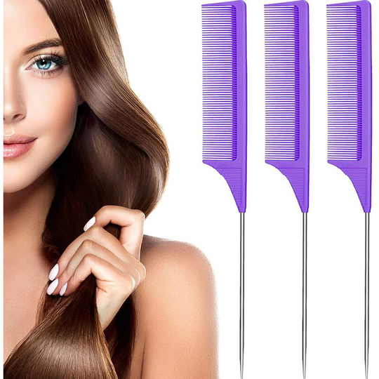 3 Pack Stainless Steel Rat Tail Combs for Rat Tail Carbon Fiber Heat Resistant with Stainless Steel Rat Tail (Pearl Purple)
