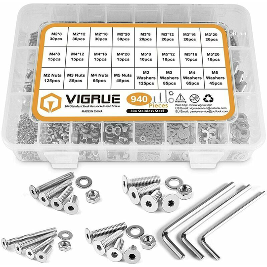 940 Pieces M2 M3 M4 M5 304 Stainless Steel Flat Head with Nuts and Washers Hardware Screws with Box, Fonepro