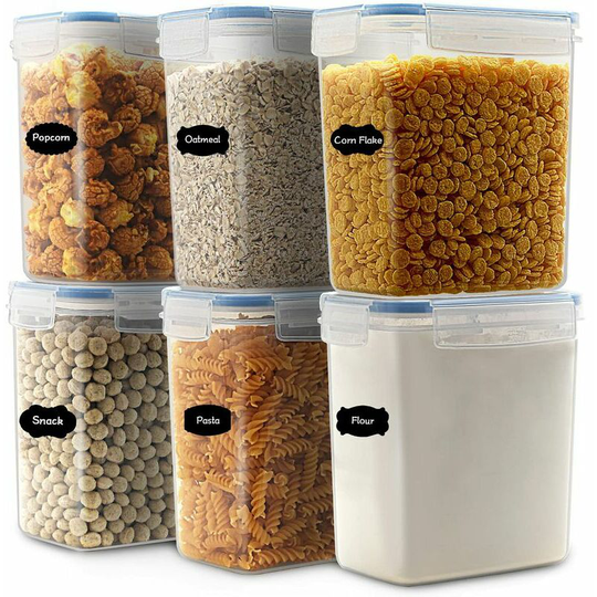 Bearsu - 1.6L bpa Free Plastic Food Storage Boxes with Lid, Cereal Boxes Set of 6 +12 Labels, for Cereal, Flour (Blue)