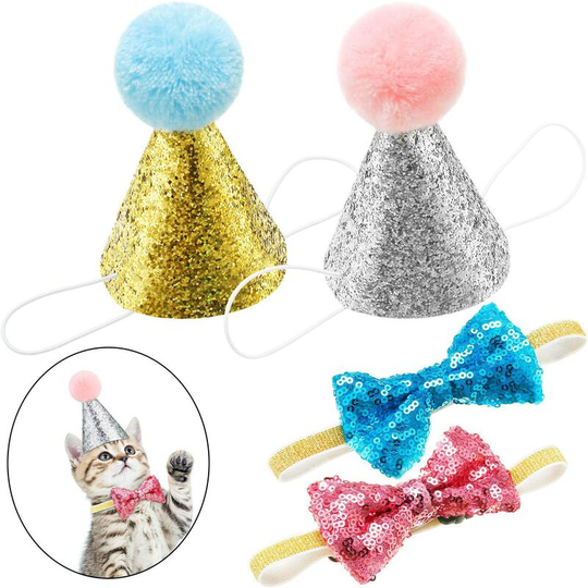 4 Pieces Cat Birthday Hat and Bowtie Cute Reusable Dog Pet Headwear Adjustable and Collar Dog Headband Topper for Cat and Small Medium Dogs (Lake