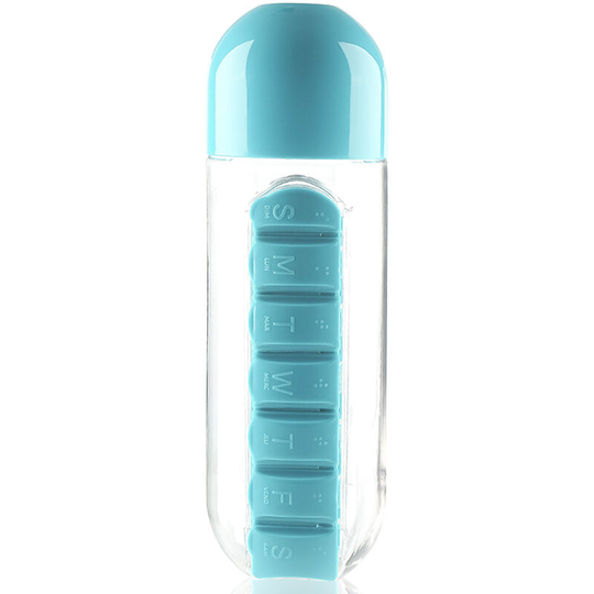 600ml Portable Water Bottle with Pill Organizer Medication Reminder Portable Travel Container for Vitamins Fish Oil Compartments,Blue