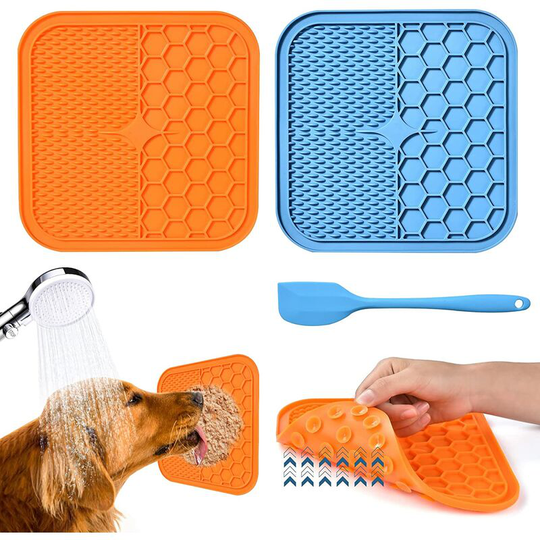 Dog Lick Mat, 3Pcs Dog Lick Mat with Suction Cup & Milk Area (Orange Dog Lick Mat + Blue Cat Lick Mat + Blue Spatula) for Treats/Food (Non-Slip,