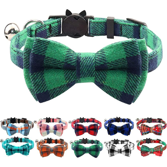 Cat Collar with Bell and Bow Tie, Quick Release Safety Collars for Kitten and Cats, Soft Tartan Collar, 1 Pack, Green