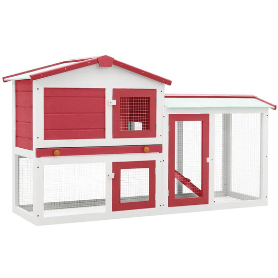 Outdoor Large Rabbit Hutch Red and White 145x45x85 cm Wood - Red