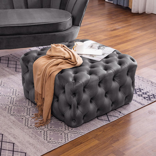70CM Square Velvet Buttoned Footstool, Grey - Livingandhome