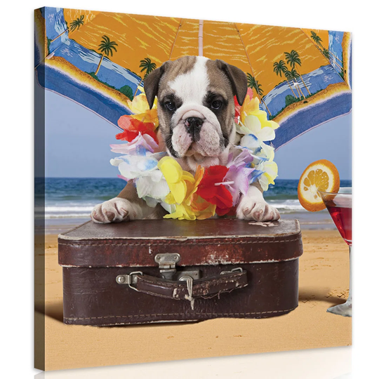 Puppy on the Beach Photographic Print on Wrapped Canvas in Yellow/Blue/Orange