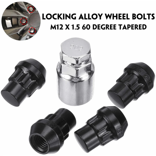 4x M12 x 1.5 Locking Wheel Nuts Tapered Seat Inc Key Black For Ford Focus Fiest black