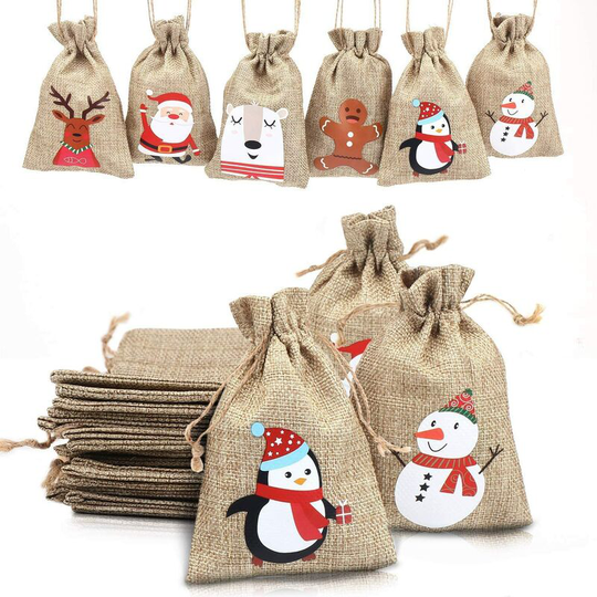 Christmas Burlap Bags, Christmas Burlap Linen Burlap Drawstring Gift Treat Bags For Christmas Favors (12)