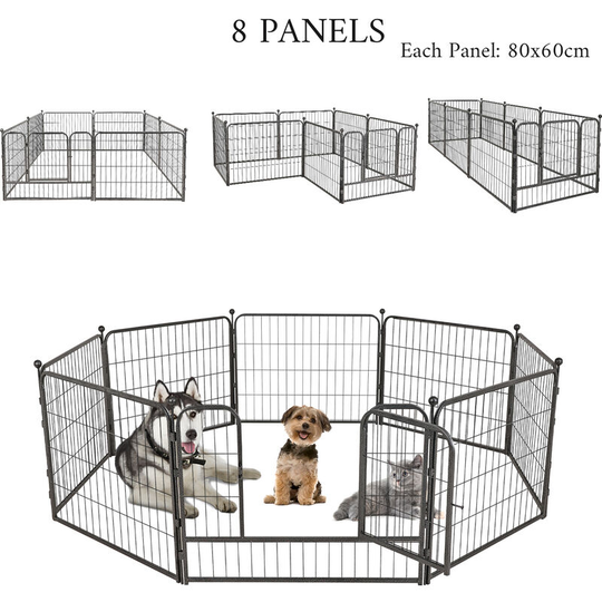 8 Panels Pet Playpen, Exercise Pen, Portable Cage Fence, for Puppy Dog Cat Rabbit Duck, Metal, Weather-Proof, 80x60cm per Panel