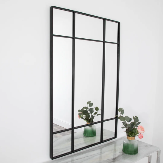 Dannion Window Pane Metal Framed Wall Mounted Accent Mirror in Black