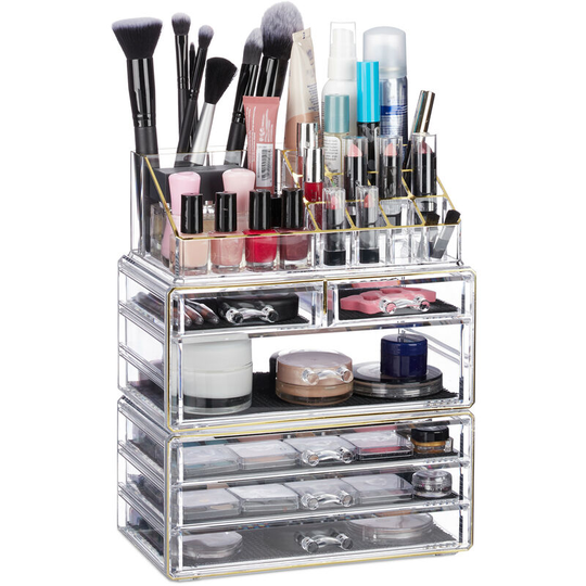 Set of 1 Relaxdays Organiser with 6 Drawers, 22 Compartments for Makeup Storage, Acrylic Cosmetic Tower, Gold