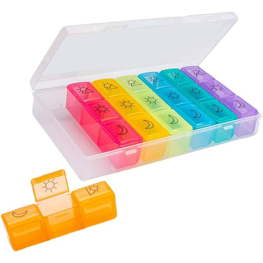 Bearsu - Weekly Medicine Box 7 Days 21 Compartments 3 Times Multicolored Weekly Pill Box French Morning Noon Evening for Medication Vitamins Fish