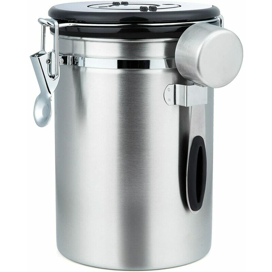 Bearsu - Airtight Coffee Canister - Coffee Bean Canister with CO2 Valve - with Measuring Spoon - 1.8 l (Silver)