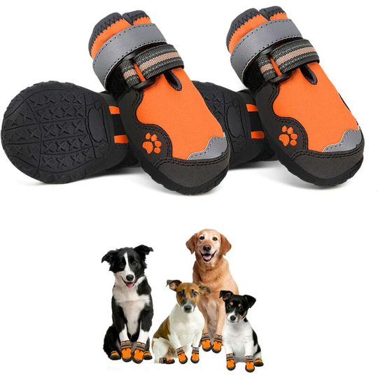 Bowite Waterproof Non-Slip Medium Dog Boots with Reflective Strips, Outdoor Paw Protector Dog Booties 4PCS/Set, Orange, 6 yards
