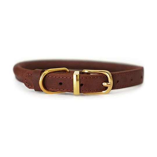 Rolled Leather Dog Collar Soft Padded Round Rope Pet Collars for Dogs Puppy Cat Kitten Small Medium Large camel