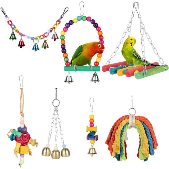 Briday - Birds Swing Toys, 7 Pcs Colorful Parrots Chewing Hanging Hammock Swing Perches, Birds Hanging Bell Ripping Toys for Parakeets Cockatiels,
