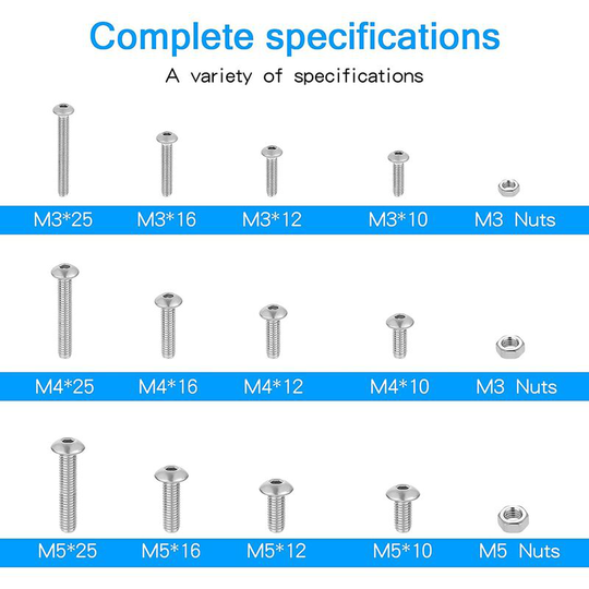 Deckon - 540 x M3 M4 M5 Stainless Steel Bolts and Nuts Set with 3 Allen Keys
