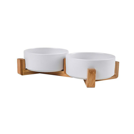Thsinde - Ceramic Cat Dog Bowl Dish With Wood Stand No Spill Pet Food Water Feeder Cats Small Dogs Pet Bowl Double Bowls-White-M ssxjv