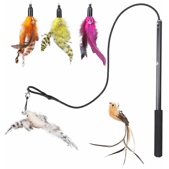 Bearsu - Cat Fishing Rod and Laser Interactive Cat Feather Toys Retractable Cat Charmer Wand and 5 Refills Teaser Worm Bird Feathers Cat Toys for