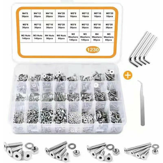 Litzee - 1230PCS M2 M3 M4 M5 304 Stainless Steel Hex Head Button Socket Head Cable Bolts Screws with Nuts Assortment
