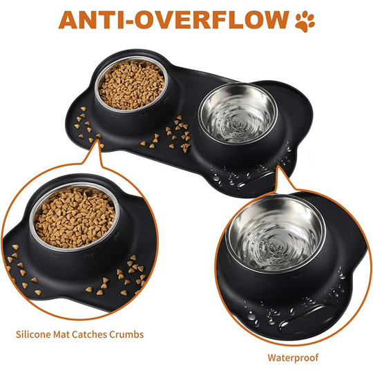 Perle Rare - 2x400ML Dog Cat Bowl Double Stainless Steel Bowl Non-Slip Base Anti-Overflow Anti-Spill Silicone Mat