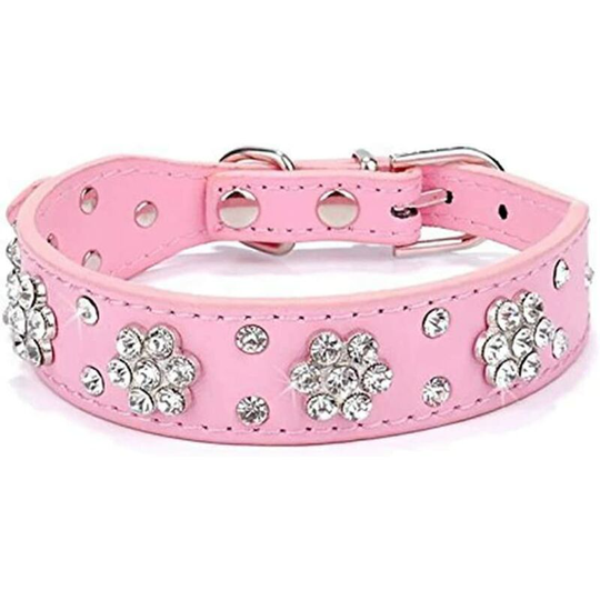 Adjustable Rhinestone Flower Faux Leather Dog Collar Sizes: s, m, l (m, pink)