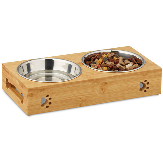 Relaxdays - Feeding Station for Small Dogs, 2 Bowls, 300 ml, Raised, Bamboo, Stainless, hwd: 6.5x31.5x15 cm, Natural/Silve