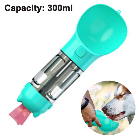 3 in 1 Dog Water Bottle, Cup & Waste Bags Dispenser Leak Proof for Hiking & Outdoors, 300ML