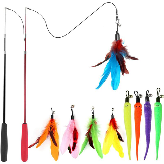 Cat Toys, 2PCS Retractable Cat Wand Toy and 9PCS Cat Feather Toys Cat Teaser Toy Refills, Interactive Cat Toy Wand Kitten Toys for Indoor Cats to