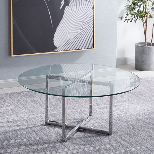 Round Glass Coffee Table with Silver Metal Base - Livingandhome