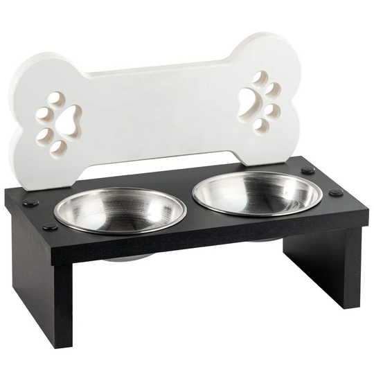 Small And Medium Breed Dog Food And Water Bowl - Double - Bone - White Headed Black