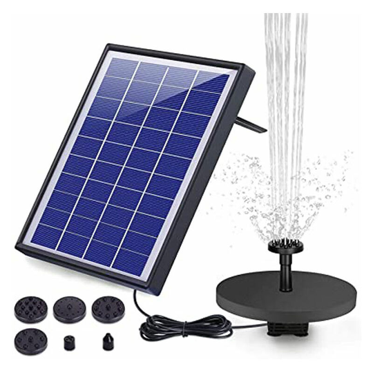 FVO - 5W Outdoor Solar Fountain, Solar Pond Pump with Battery and 6 Nozzles, for Bird Bath Aquarium Garden Fountain