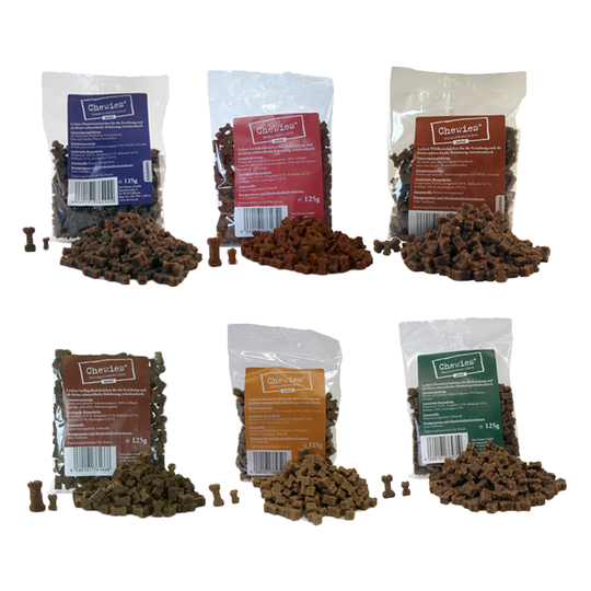 Chewies Mini Bone Treats Mixed Pack 6 x 125g - Poultry, Salmon, Lamb, Tripe, Game & Beef