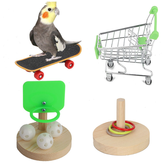 13treize - 4-Piece Set Bird Toy Mini Shopping Cart Perch Skateboard puzzle ferns Basketball hoopsfor Parakeet Cockatiel Budgie Training & Play
