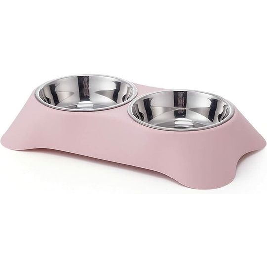 Double Dog Bowl, Non-Slip Stainless Steel Double Bowl with Spill Guard for Small Dogs and Cats (M, Pink)