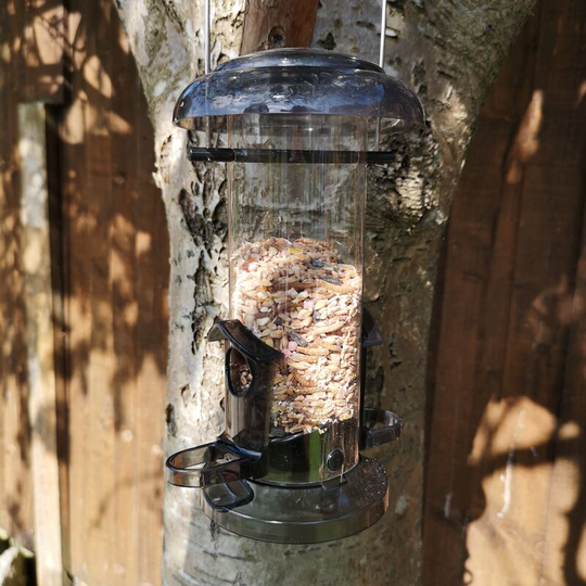 All Seasons 2 Port Garden Wild Bird Hanging Smoked Grey Plastic Seed Feeder - Tom Chambers