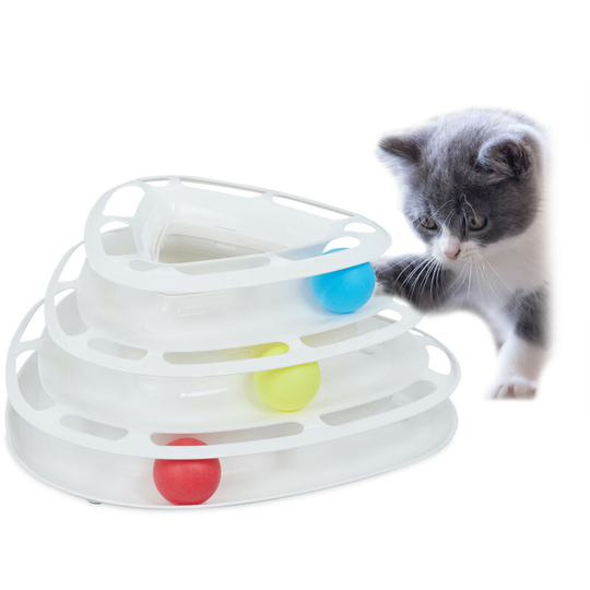 Relaxdays - Cat Roller Toy, Interactive Kitten Teaser with 3 Balls, 3-Level Tower Track, Entertainment & Exercise, White